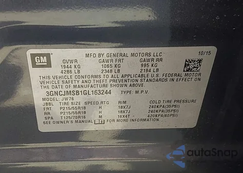 2016 Chevrolet Trax Ltz z USA, uszkodzony, nr VIN 3GNCJMSB1GL163244